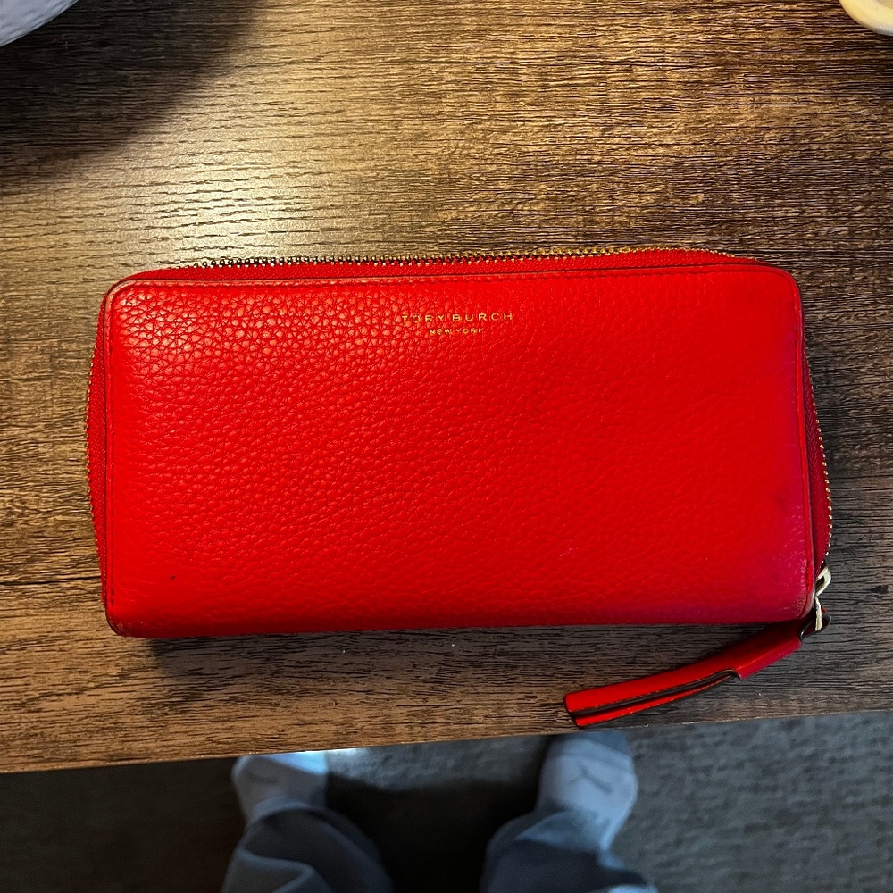 Tory Burch Pebbled Red Zip Wallet with Gold Logo